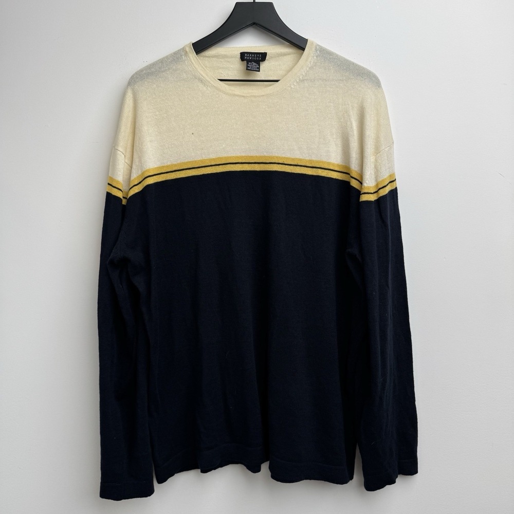 VTG Barneys New‎ York Sweater XL Linen Cotton Cream Navy Long Sleeve Prep Mens